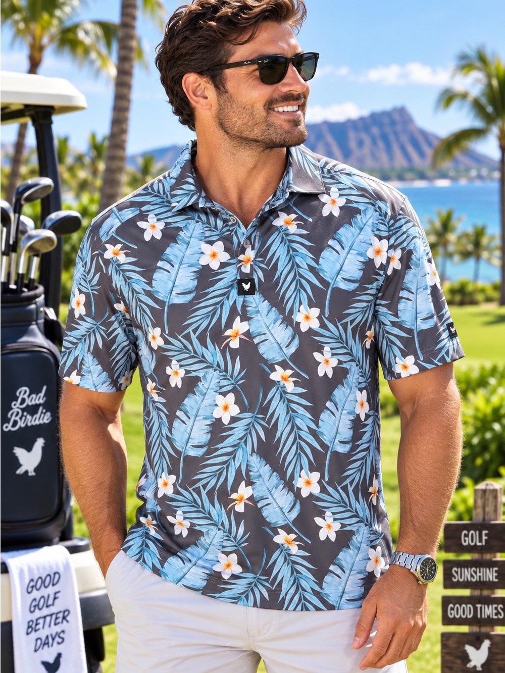 Bad Birdie “Mahalo” Men’s Small Tropical Floral Performance Golf Polo #207